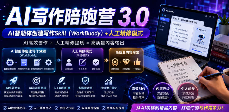 AI写作陪跑营3.0,Ai智能体创建写作skill(workbuddy)+人工手写模式(手搓模式),去除AI痕迹(头条号、公众号、百家号)(更新0907)-龙大资源