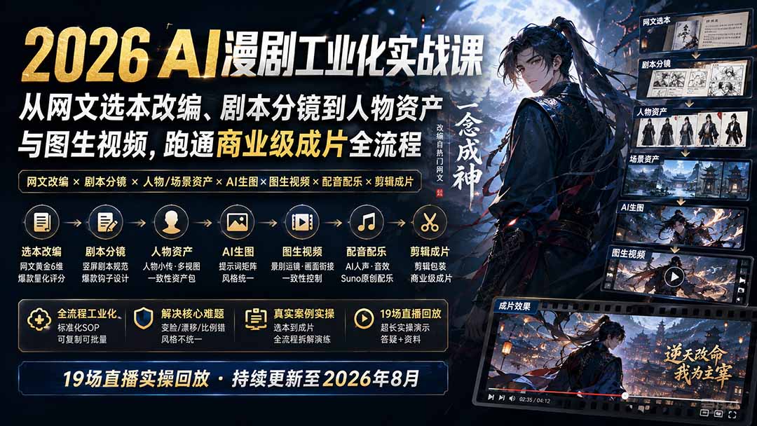 2026 AI漫剧工业化实战课-更新：从网文选本改编、剧本分镜到人物资产与图生视频，跑通商业级成片全流程-龙大资源