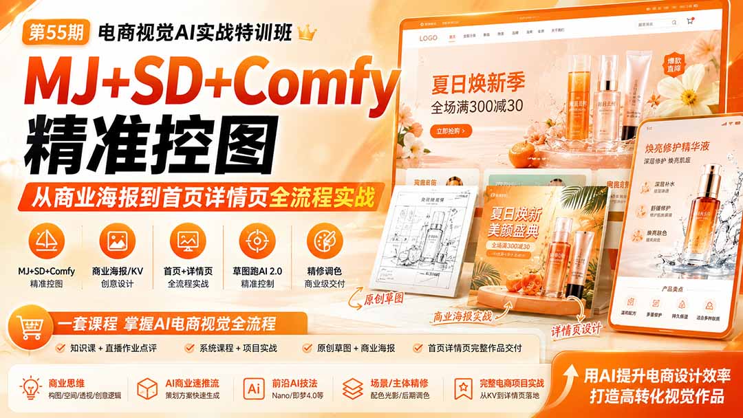 电商视觉 AI实战训练营第55期:MJ+SD+Comfy精准控图,从商业海报到首页详情页全流程实战-龙大资源