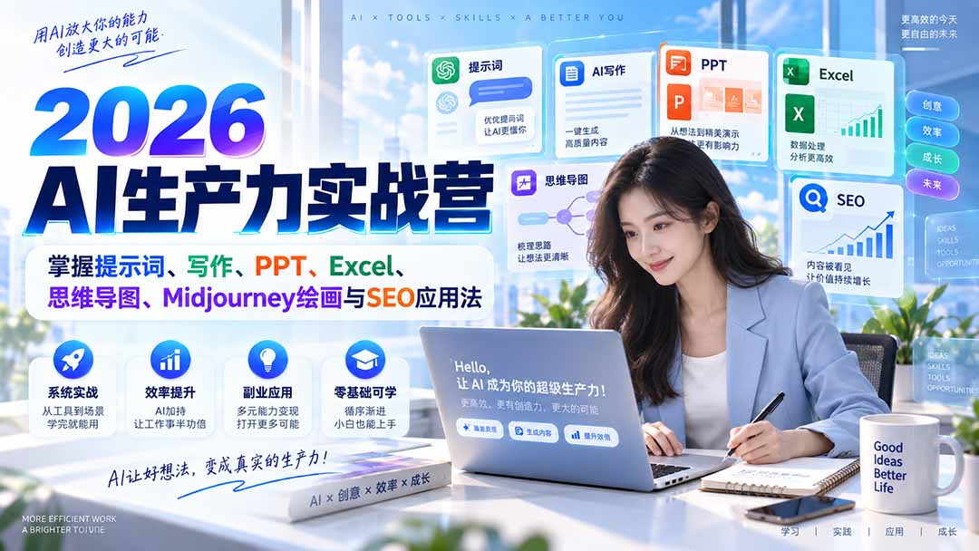 2026AI生产力实战营:掌握提示词、写作、PPT、Excel、思维导图、Midjourney绘画与SEO应用法-龙大资源