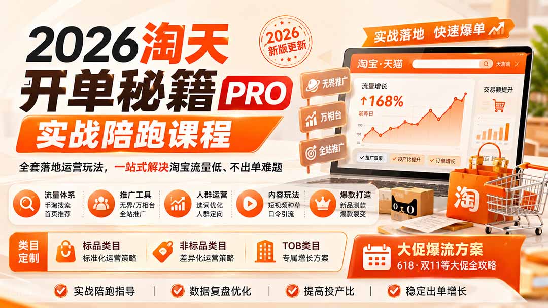 2026淘天开单秘籍PRO实战陪跑课程:全套落地运营玩法,一站式解决淘宝流量低、不出单难题(更新260906-龙大资源