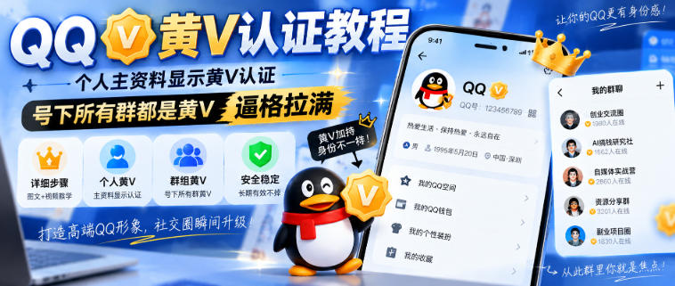 QQ黄V认证教程,个人主资料显示黄V认证,号下所有群都是黄V,逼格拉满-龙大资源