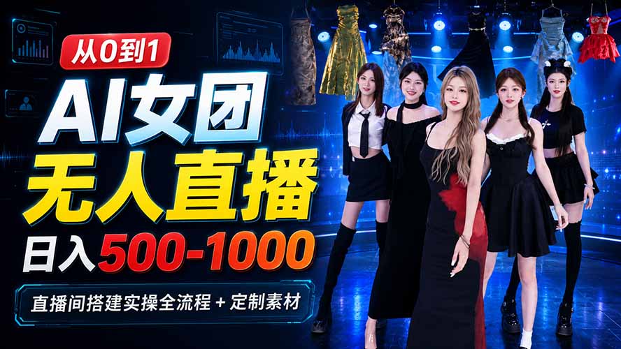 AI 女团无人直播，躺入500-1000每天，直播间搭建实操全流程+定制素材-龙大资源