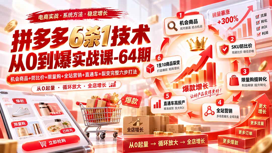 拼多多6杀1技术从0到爆实战课-64期:机会商品+防比价+限量购+全站营销+直通车+裂变完整六步打法-龙大资源