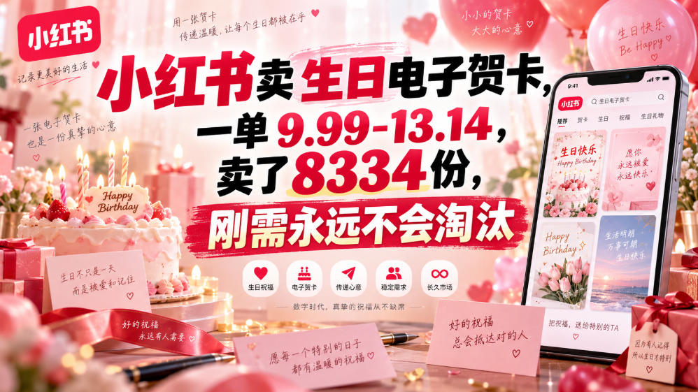 小红书卖生日电子贺卡,一单9.99-13.14,卖了8334份,刚需永远不会淘汰-龙大资源
