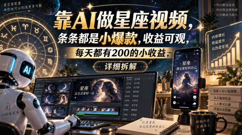 靠AI做星座视频，条条都是小爆款，收益可观，每天都有200的小收益，详细拆解-龙大资源