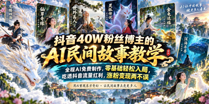 抖音40W粉丝博主的AI民间故事教学，全程AI免费制作，零基础轻松入局，吃透抖音流量红利，涨粉变现两不误-龙大资源