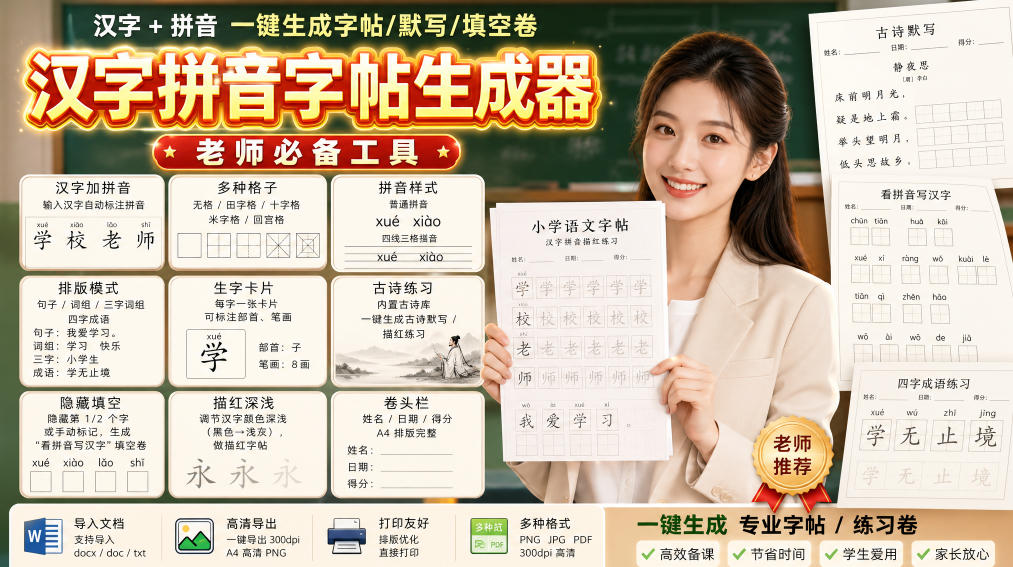 学习神器，汉字拼音字帖生成器，汉字+拼音 一键生成字帖/默写/填空卷，支持词组、成语，老师、家长必备-龙大资源