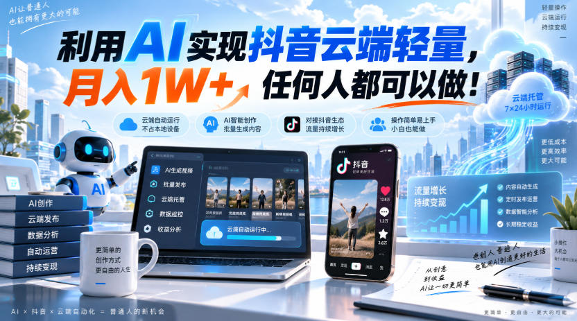 利用AI实现抖音云端轻量,月入1W+,任何人都可以做!【揭秘】-龙大资源