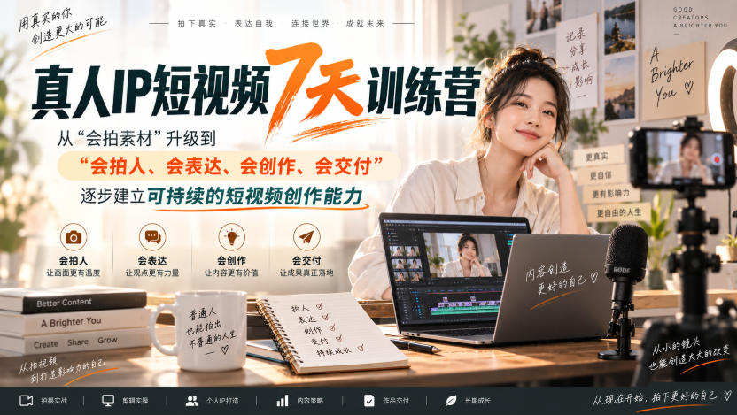 真人IP短视频7天训练营,从“会拍素材”升级到“会拍人、会表达、会创作、会交付”,逐步建立可持续的短视频创作能力-龙大资源