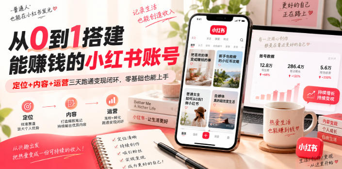 从0到1搭建能賺钱的小红书账号,定位+内容+运营三天跑通变现闭环-龙大资源