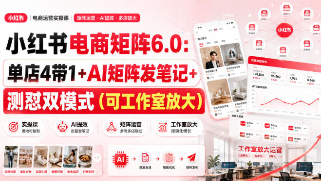 小红书电商矩阵6.0：单店4带1+AI矩阵发笔记+测怼双模式(可工作室放大)-龙大资源