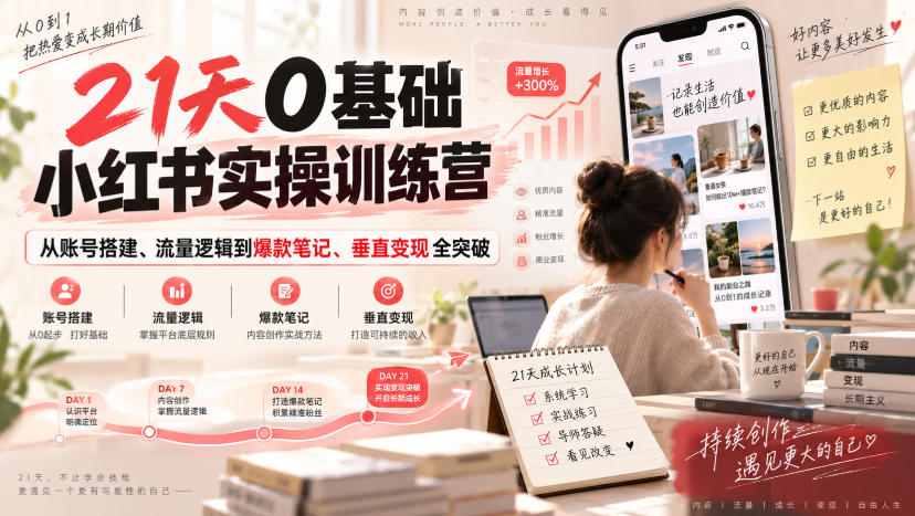 21天0基础小红书实操训练营｜从账号搭建、流量逻辑到爆款笔记、垂直变现全突破-龙大资源