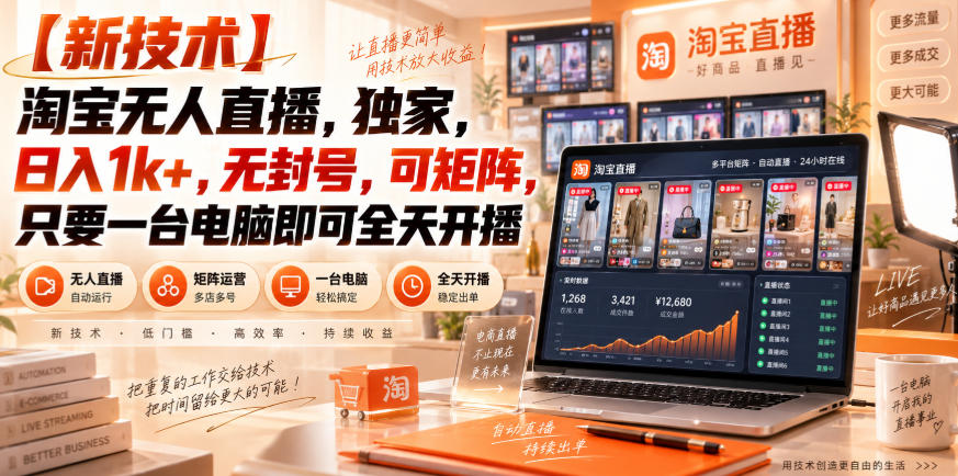 【独家新技术】淘宝无人直播,日入1k+,无封号,可矩阵,只要一台电脑即可全天开播【揭秘】-龙大资源