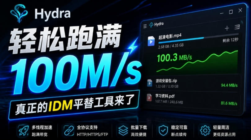 轻松跑满100M/s,真正的IDM平替工具来了,开源多线程器,支持浏览器拓展,一键智能加速Hydra Download Manager-龙大资源