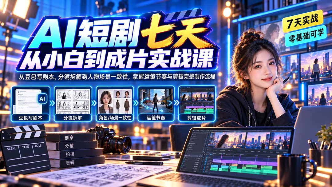 AI短剧七天从小白到成片实战课:从豆包写剧本、分镜拆解到人物场景一致性,掌握运镜节奏与剪辑完整制作流程-龙大资源