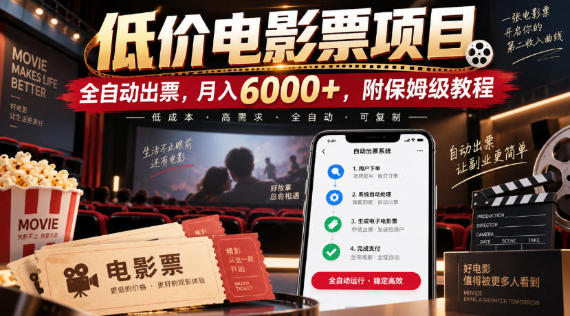 低价电影票项目,全自动出票,月入6000+,附保姆级教程【揭秘】-龙大资源