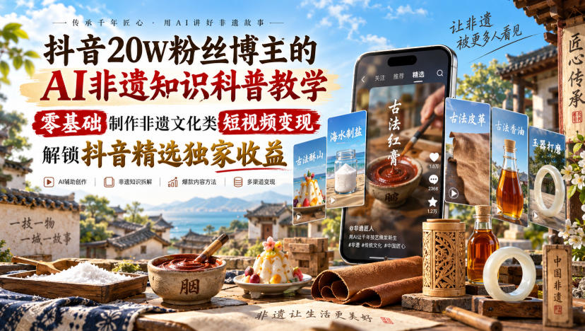 抖音20W粉丝博主的AI非遗知识科普教学，零基础制作非遗文化类短视频变现，解锁抖音精选独家收益-龙大资源