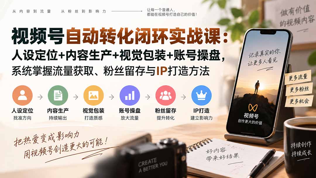 视频号自动转化闭环实战课:人设定位+内容生产+视觉包装+账号操盘,系统掌握流量获取、粉丝留存与IP打造方法-龙大资源
