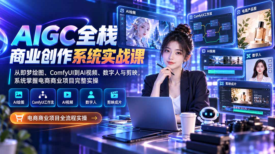 AIGC全栈商业创作系统实战课:从即梦绘图、ComfyUI到AI视频、数字人与剪映,系统掌握电商商业项目完整实操-龙大资源