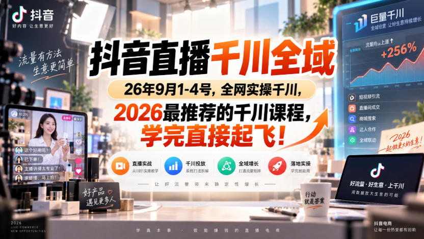 抖音直播千川全域26年9月1-4号,全网实操千川,2026最推荐的千川课程,学完直接起飞!-龙大资源