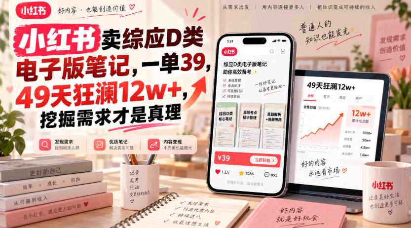 小红书卖综应D类电子版笔记,一单39,49天狂澜12w+,挖掘需求才是真理-龙大资源