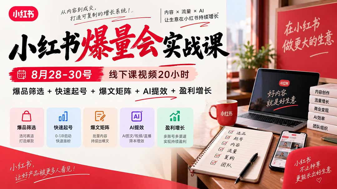 小红书爆量会实战课:8月28-30号线下课视频20小时,爆品筛选+快速起号+爆文矩阵+AI提效+盈利增长-龙大资源