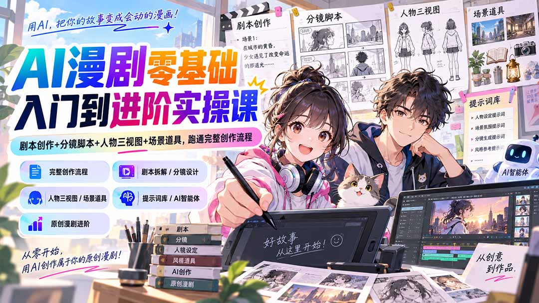 AI漫剧零基础入门到进阶实操课:剧本创作+分镜脚本+人物三视图+场景道具,跑通完整创作流程-龙大资源