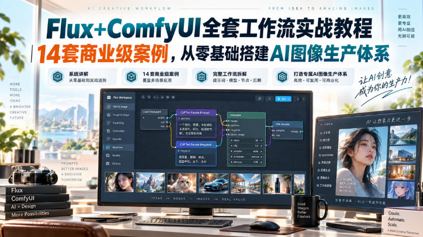 Flux+ComfyUI全套工作流实战教程|14套商业级案例,从零基础搭建AI图像生产体系-龙大资源