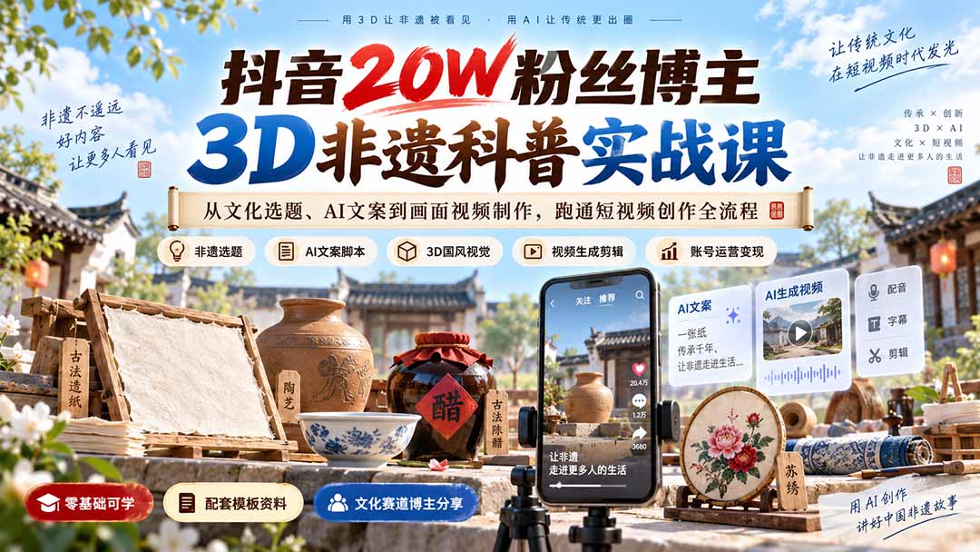 抖音20W粉丝博主3D非遗科普实战课:从文化选题、AI文案到画面视频制作,跑通短视频创作全流程-龙大资源