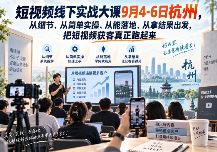 短视频线下实战大课9月4-6日杭州,从细节、从简单实操、从能落地、从拿结果出发,把短视频获客真正跑起来-龙大资源