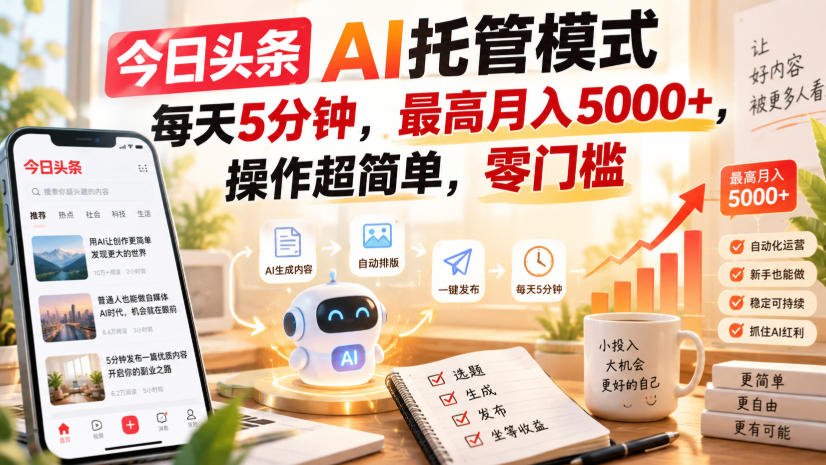 今日头条AI托管模式，每天5分钟，最高月入5000+，操作超简单，零门槛【揭秘】-龙大资源