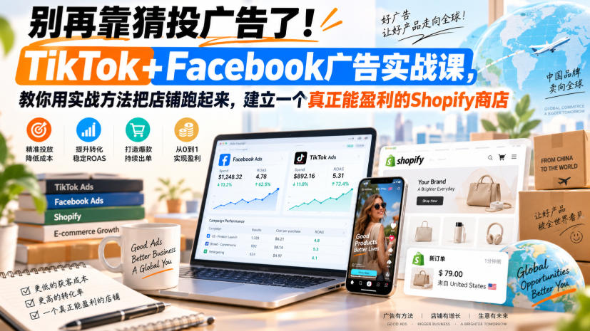 别再靠猜投广告了!TikTok+Facebook广告实战课,教你用实战方法把店铺跑起来,建立一个真正能盈利的Shopify商店【原创双语字幕】-龙大资源
