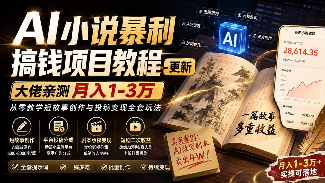 AI小说短故事暴利搞钱项目教程-更新,大佬亲测月入1-3万,从零教学短故事创作与投稿变现全套玩法-龙大资源