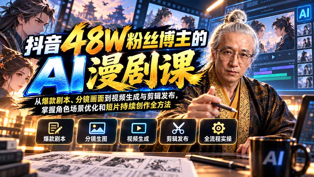 抖音48W粉丝博主的AI漫剧课:从爆款剧本、分镜画面到视频生成与剪辑发布,掌握角色场景优化和短片持续创作全方法-龙大资源
