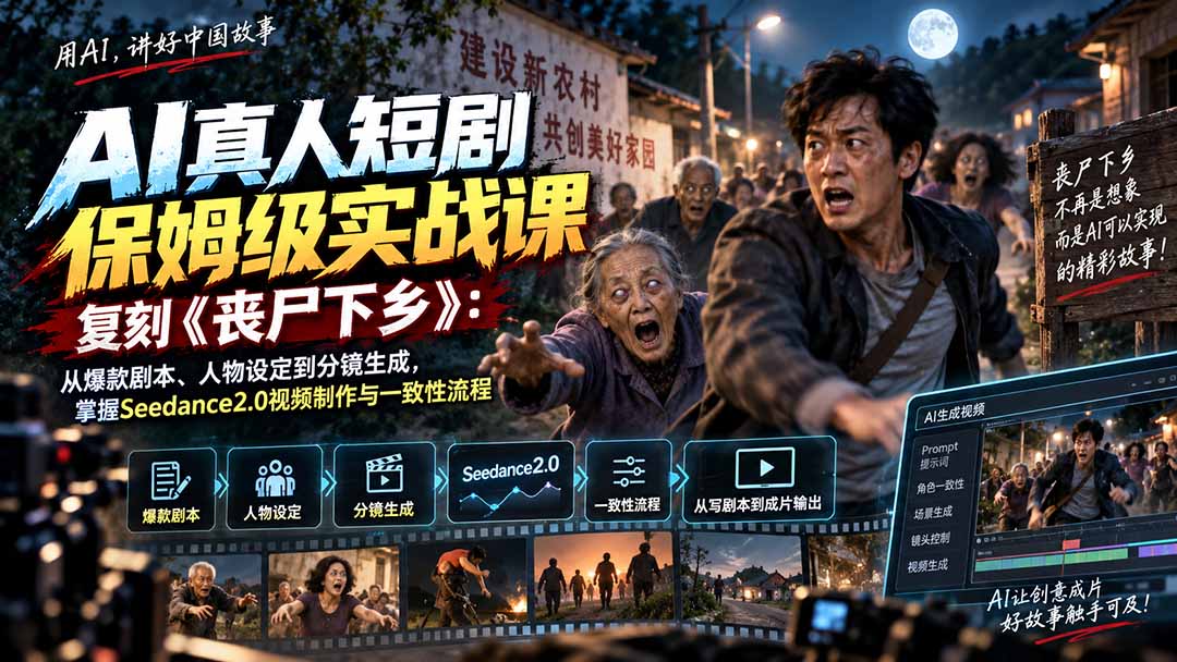 AI真人短剧保姆级实战课,复刻《丧尸下乡》:从爆款剧本、人物设定到分镜生成,掌握Seedance2.0视频制作与一致性流程-龙大资源