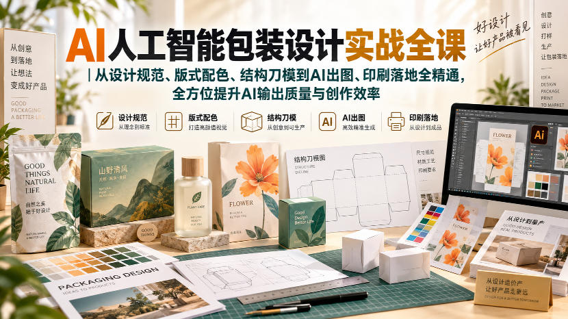 AI人工智能包装设计实战全课｜从设计规范、版式配色、结构刀模到AI出图、印刷落地全精通-龙大资源