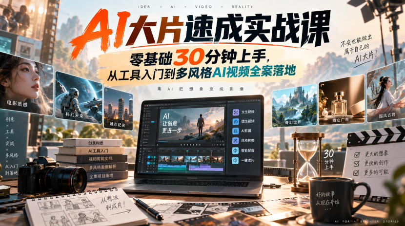 AI大片速成实战课｜零基础30分钟上手，从工具入门到多风格AI视频全案落地​-龙大资源