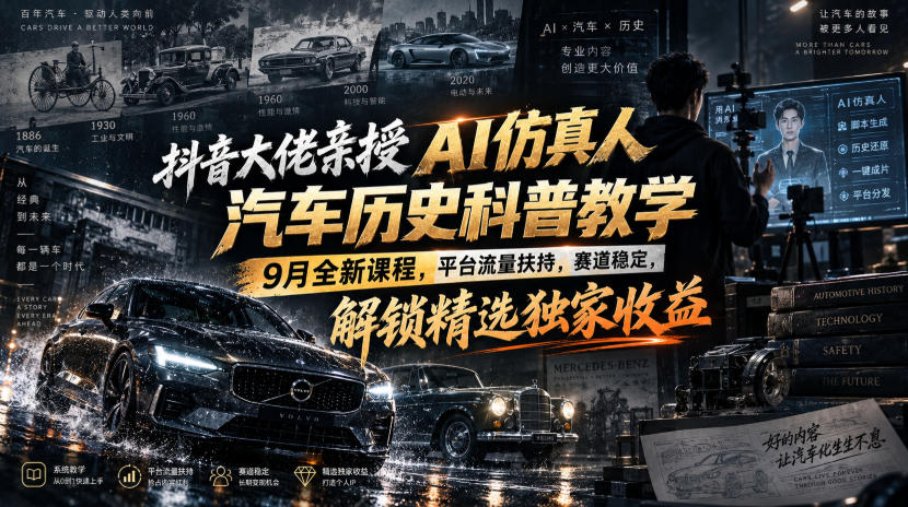 抖音大佬亲授AI仿真人汽车历史科普教学,9月全新课程,平台流量扶持,赛道稳定,解锁精选独家收益-龙大资源