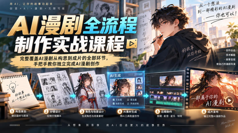 AI漫剧全流程制作实战课程,完整覆盖AI漫剧从构思到成片的全部环节,手把手教你独立完成AI漫剧创作-龙大资源