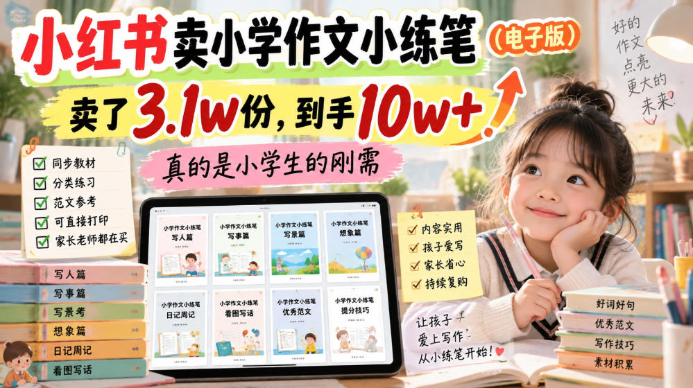 小红书卖小学作文小练笔(电子版),卖了3.1w份,到手10w+,真的是小学生的刚需-龙大资源
