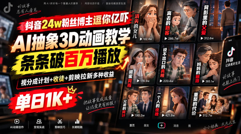 抖音24w粉丝博主逗你亿吓AI抽象3D动画教学,条条破百万播放,分成计划+收徒+剪映拉新多种收益,单日1K+-龙大资源