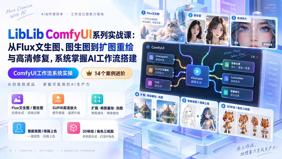 LibLib ComfyUI系列实战课:从Flux文生图、图生图到扩图重绘与高清修复,系统掌握AI工作流搭建-龙大资源