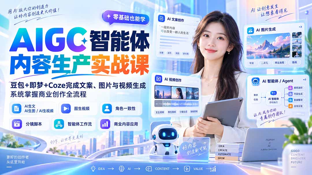 AIGC智能体内容生产实战课:豆包+即梦+Coze完成文案、图片与视频生成,系统掌握商业创作全流程-龙大资源
