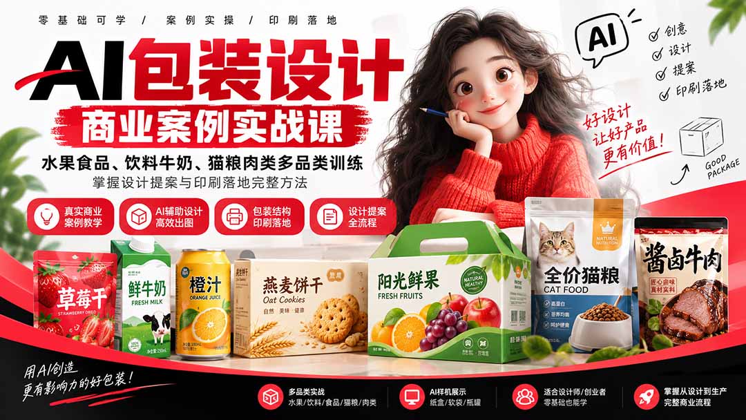 AI包装设计商业案例实战课:水果食品、饮料牛奶、猫粮肉类多品类训练,掌握设计提案与印刷落地完整方法-龙大资源