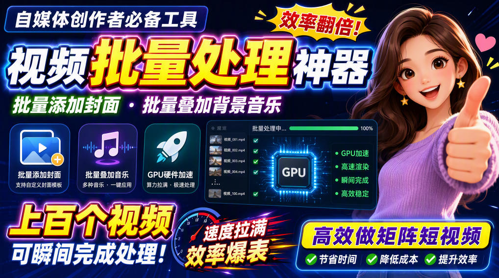 视频批量加封面,把封面添加到视频第一帧,不用剪辑软件批量添加-龙大资源