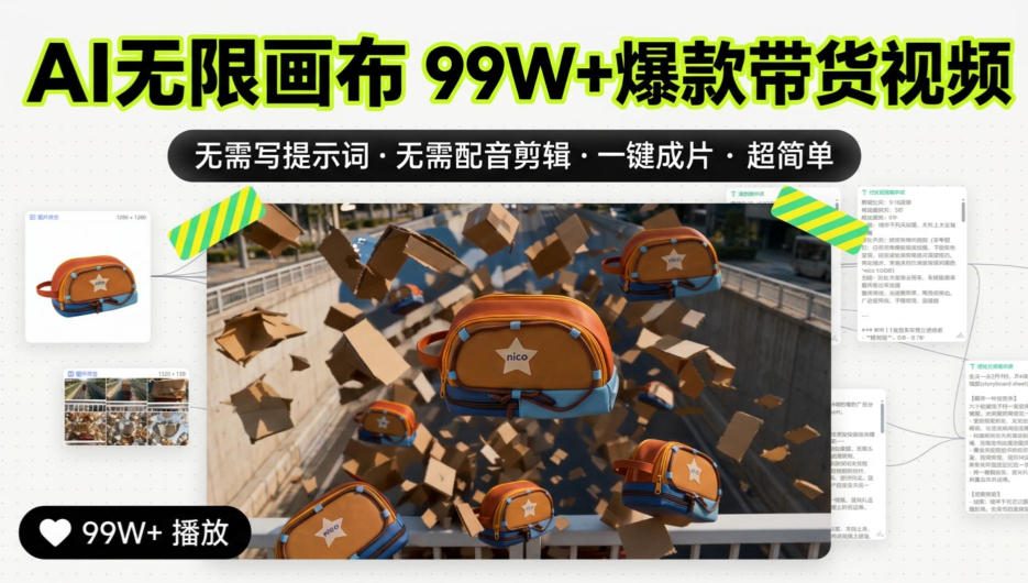 AI无限画布99W+爆款带货视频,无需写提示词·无需配音剪辑·一键成片·超简单-龙大资源