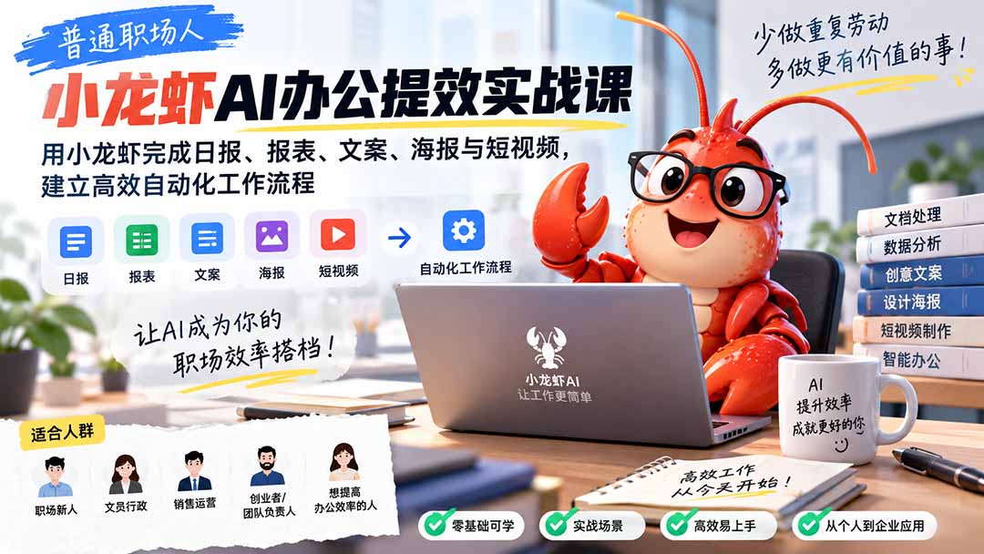 普通职场人AI办公提效实战课:用小龙虾完成日报、报表、文案、海报与短视频,建立高效自动化工作流程-龙大资源
