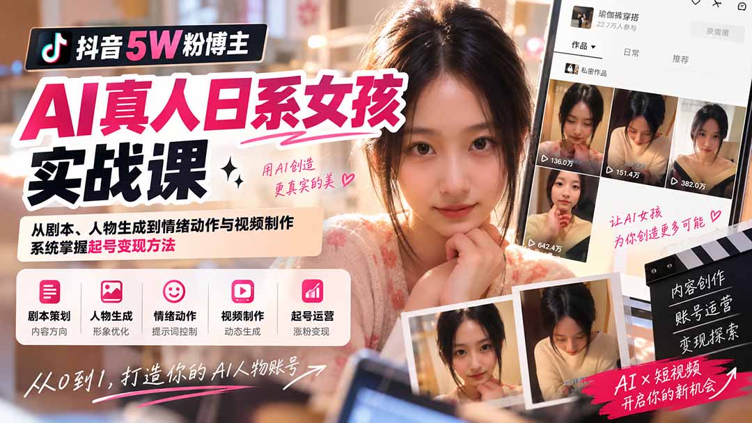 抖音5W粉博主AI真人日系女孩实战课:从剧本、人物生成到情绪动作与视频制作,系统掌握起号变现方法-龙大资源