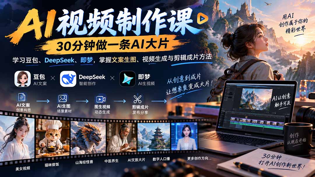 AI视频制作课-30分钟做一条AI大片:学习豆包、DeepSeek、即梦,掌握文案生图、视频生成与剪辑成片方法-龙大资源